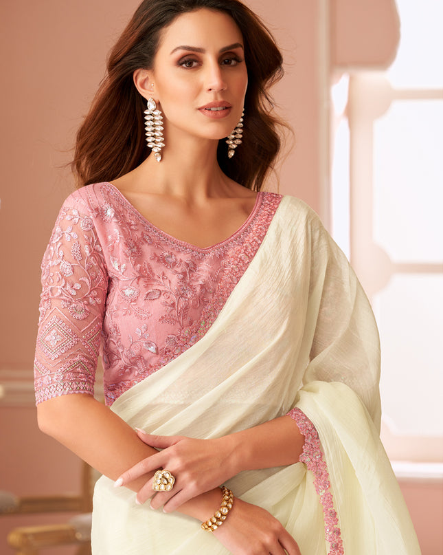 Alluring Off White Embroidered Georgette Party Wear Saree