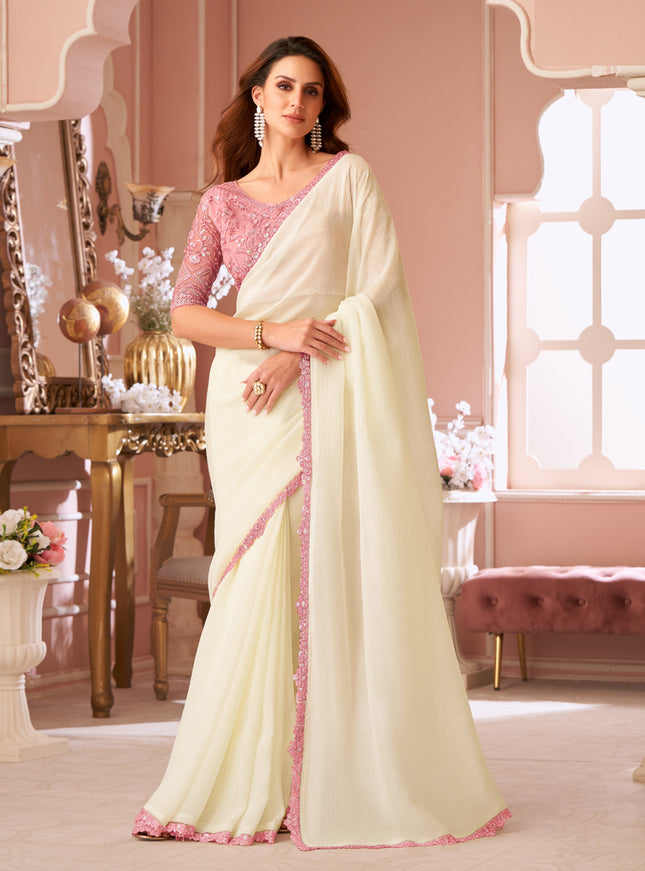 Alluring Off White Embroidered Georgette Party Wear Saree