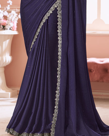 Captivating Eggplant Embroidered Satin Party Wear Saree