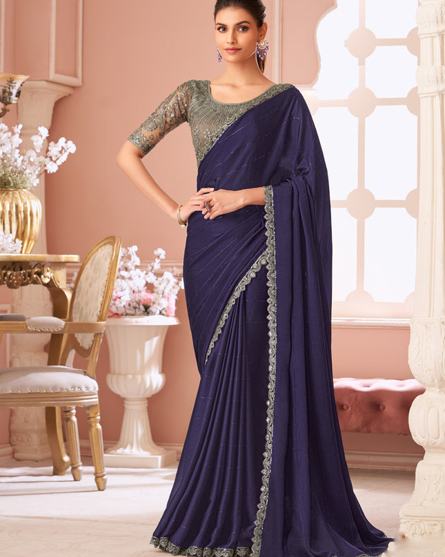 Captivating Eggplant Embroidered Satin Party Wear Saree
