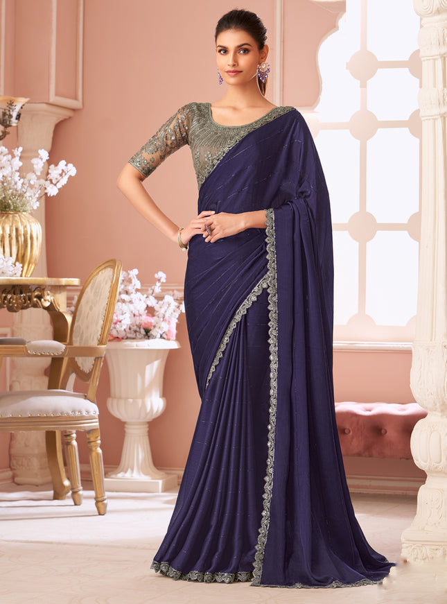 Captivating Eggplant Embroidered Satin Party Wear Saree