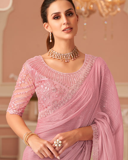 Mesmerizing Coral Pink Embroidered Georgette Party Wear Saree