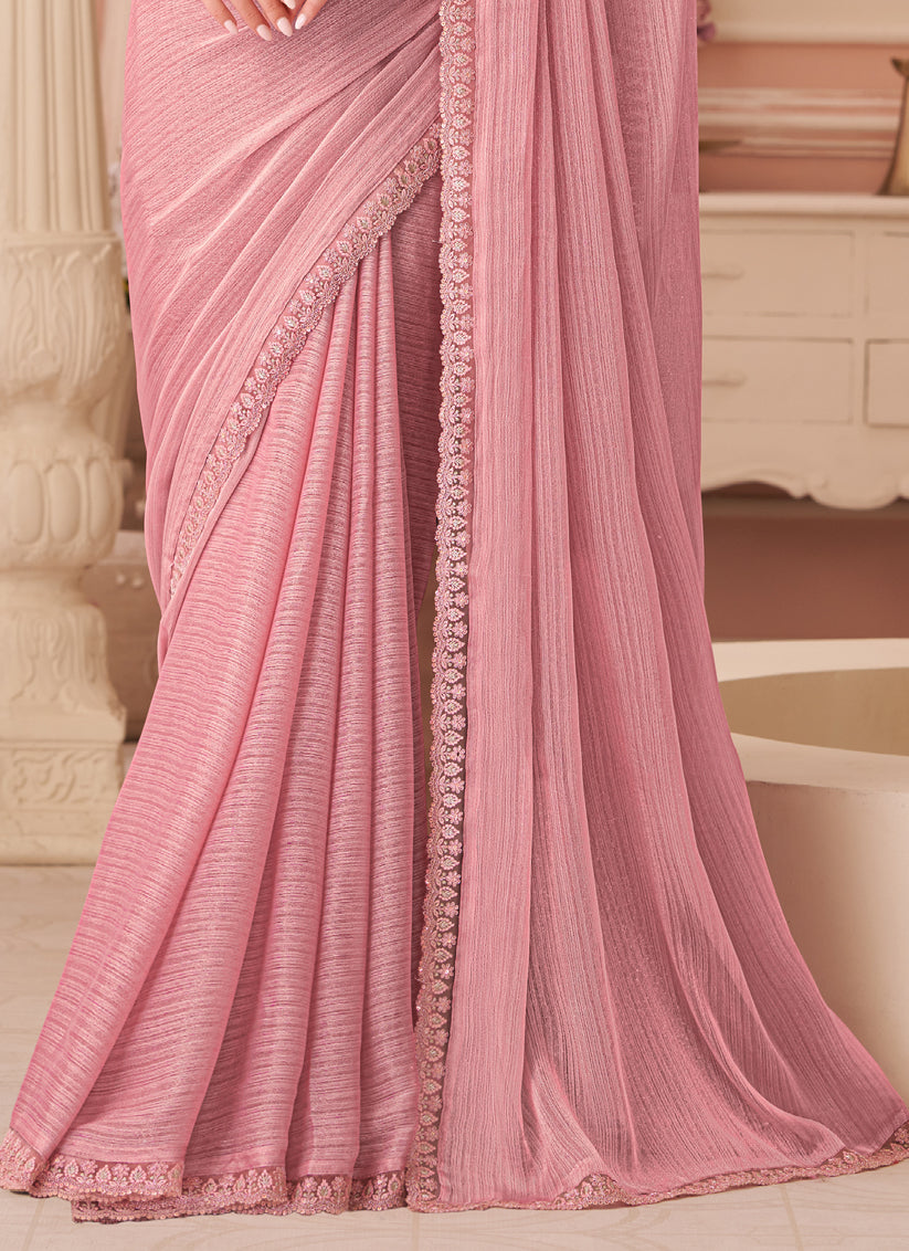Mesmerizing Coral Pink Embroidered Georgette Party Wear Saree