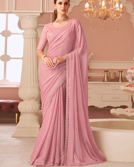 Mesmerizing Coral Pink Embroidered Georgette Party Wear Saree
