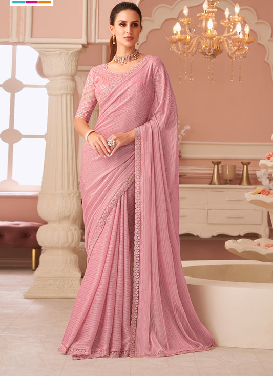 Mesmerizing Coral Pink Embroidered Georgette Party Wear Saree