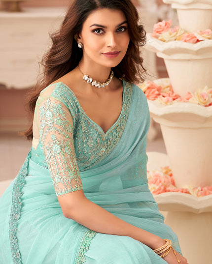 Fascinating Aquamint Embroidered Georgette Party Wear Saree