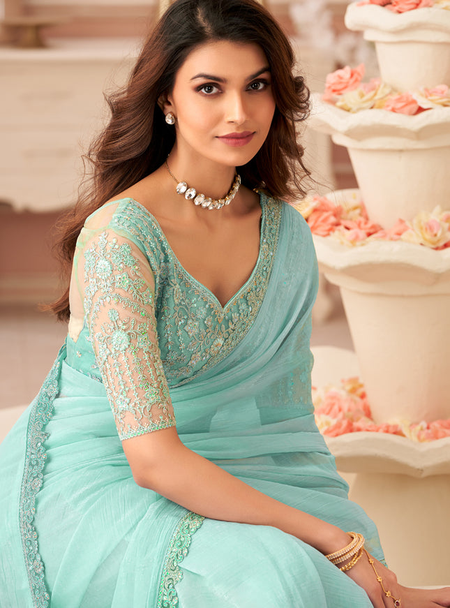 Fascinating Aquamint Embroidered Georgette Party Wear Saree
