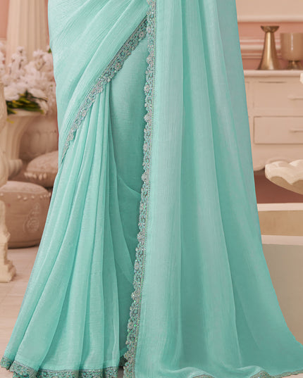 Fascinating Aquamint Embroidered Georgette Party Wear Saree