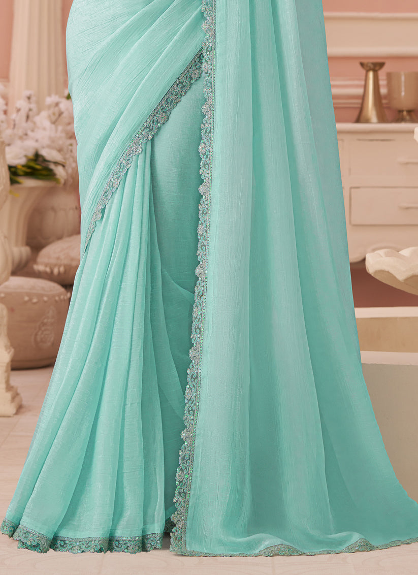 Fascinating Aquamint Embroidered Georgette Party Wear Saree