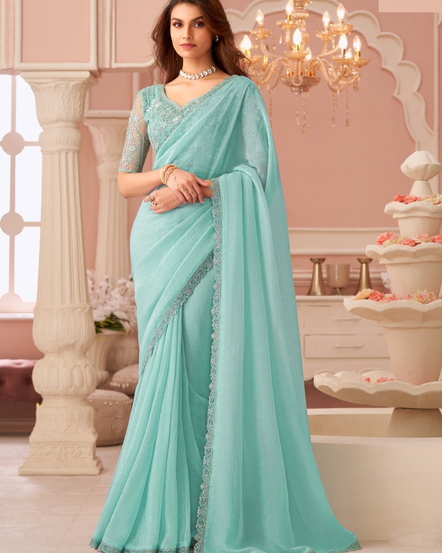 Fascinating Aquamint Embroidered Georgette Party Wear Saree
