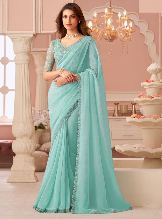 Fascinating Aquamint Embroidered Georgette Party Wear Saree