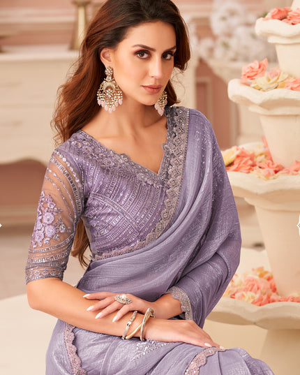 Elegant Mauve Embroidered Georgette Party Wear Saree
