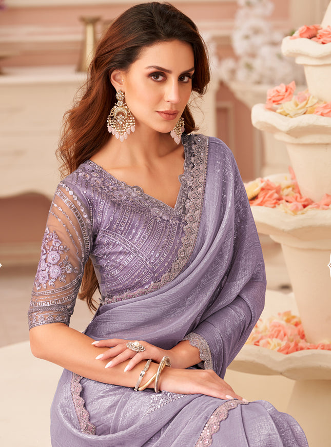 Elegant Mauve Embroidered Georgette Party Wear Saree