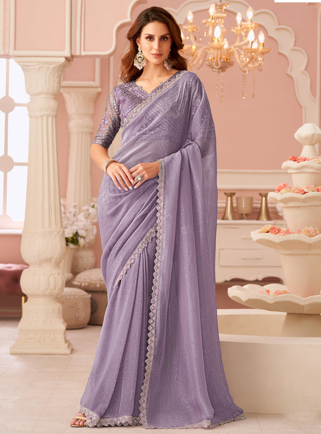 Elegant Mauve Embroidered Georgette Party Wear Saree