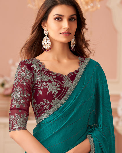 Ravishing Rama Green Embroidered Satin Party Wear Saree