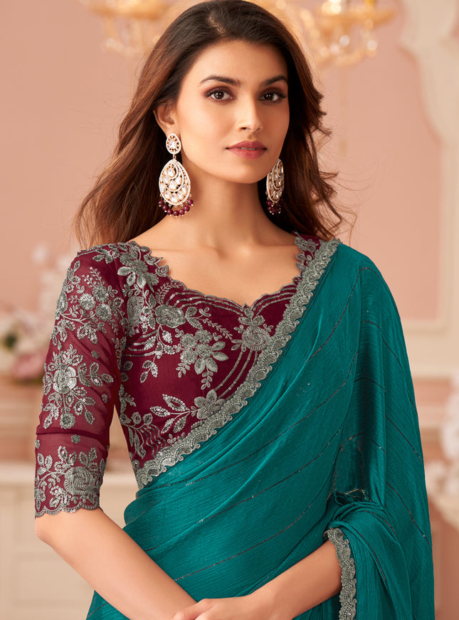 Ravishing Rama Green Embroidered Satin Party Wear Saree