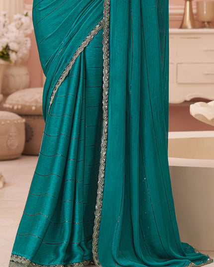 Ravishing Rama Green Embroidered Satin Party Wear Saree