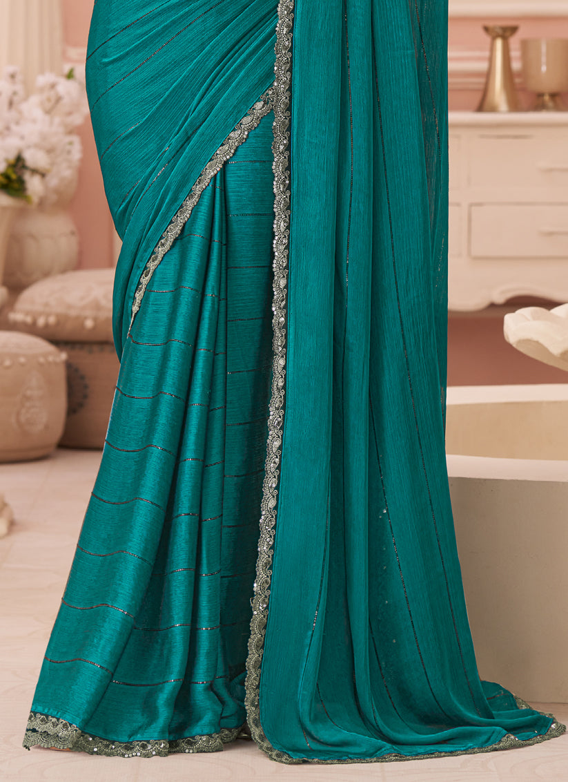 Ravishing Rama Green Embroidered Satin Party Wear Saree