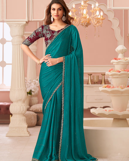 Ravishing Rama Green Embroidered Satin Party Wear Saree