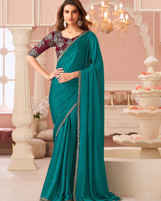 Ravishing Rama Green Embroidered Satin Party Wear Saree