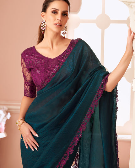 Pretty Peacock Blue Embroidered Georgette Party Wear Saree