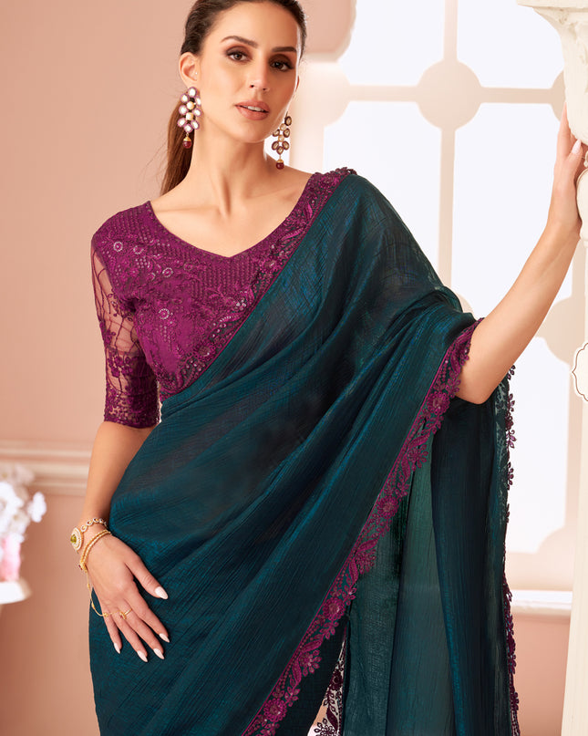 Pretty Peacock Blue Embroidered Georgette Party Wear Saree