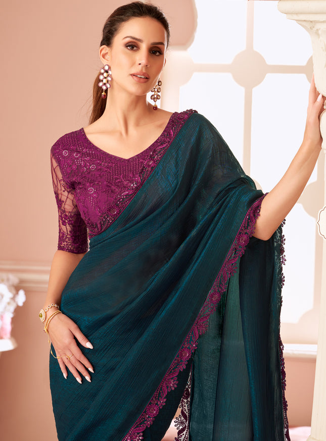 Pretty Peacock Blue Embroidered Georgette Party Wear Saree