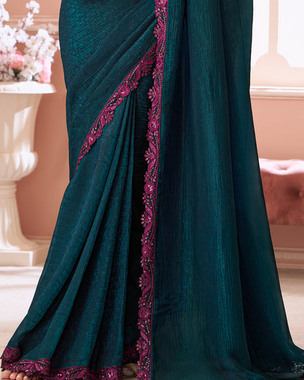 Pretty Peacock Blue Embroidered Georgette Party Wear Saree