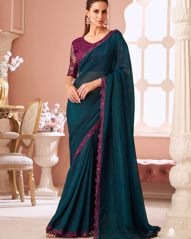 Pretty Peacock Blue Embroidered Georgette Party Wear Saree
