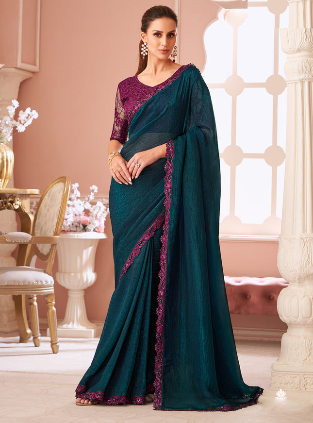 Pretty Peacock Blue Embroidered Georgette Party Wear Saree