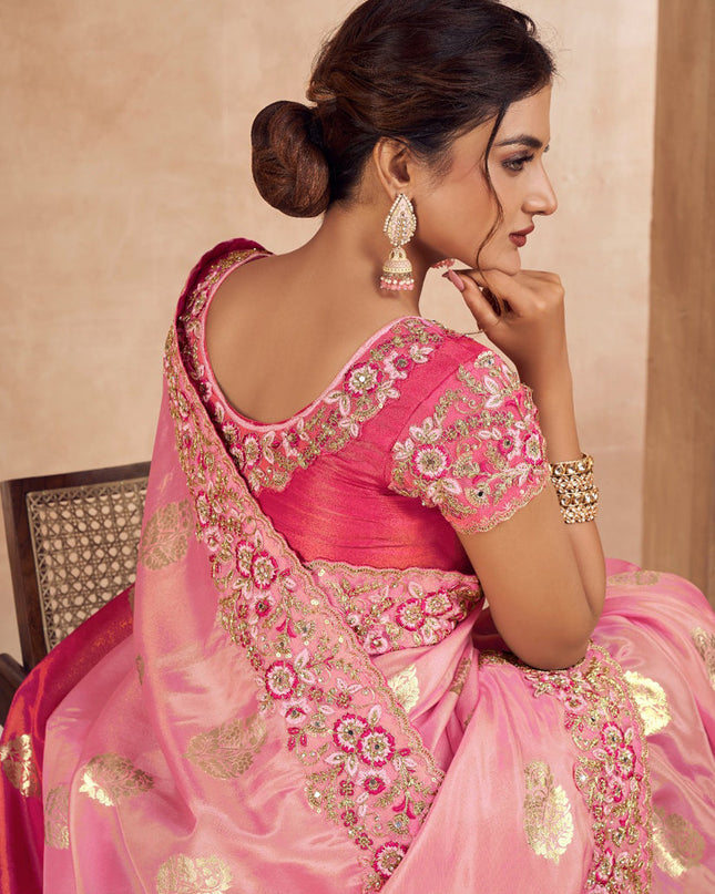 Rose Pink and Rani Pink Viscose Jacquard Embroidered Designer Saree