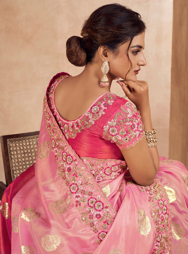 Rose Pink and Rani Pink Viscose Jacquard Embroidered Designer Saree