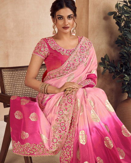 Rose Pink and Rani Pink Viscose Jacquard Embroidered Designer Saree