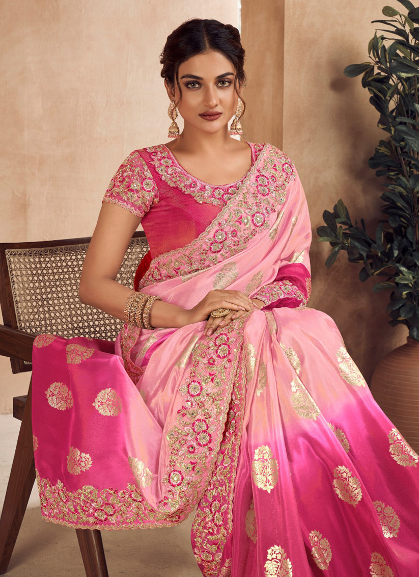 Rose Pink and Rani Pink Viscose Jacquard Embroidered Designer Saree