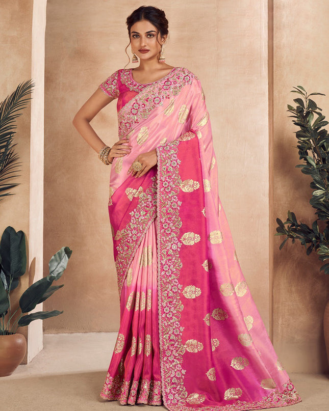 Rose Pink and Rani Pink Viscose Jacquard Embroidered Designer Saree