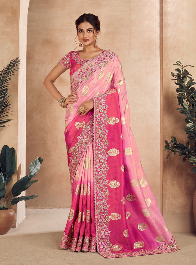 Rose Pink and Rani Pink Viscose Jacquard Embroidered Designer Saree