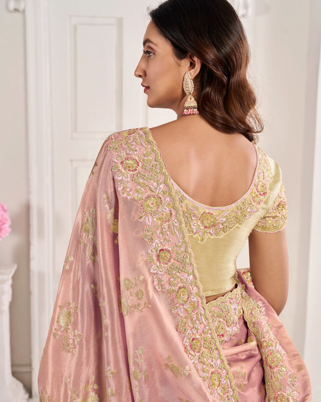 Blush Pink Viscose Jacquard Embroidered Designer Saree