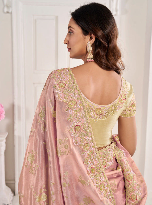 Blush Pink Viscose Jacquard Embroidered Designer Saree
