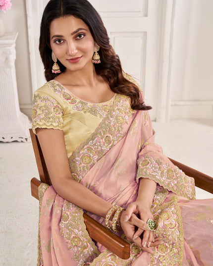 Blush Pink Viscose Jacquard Embroidered Designer Saree