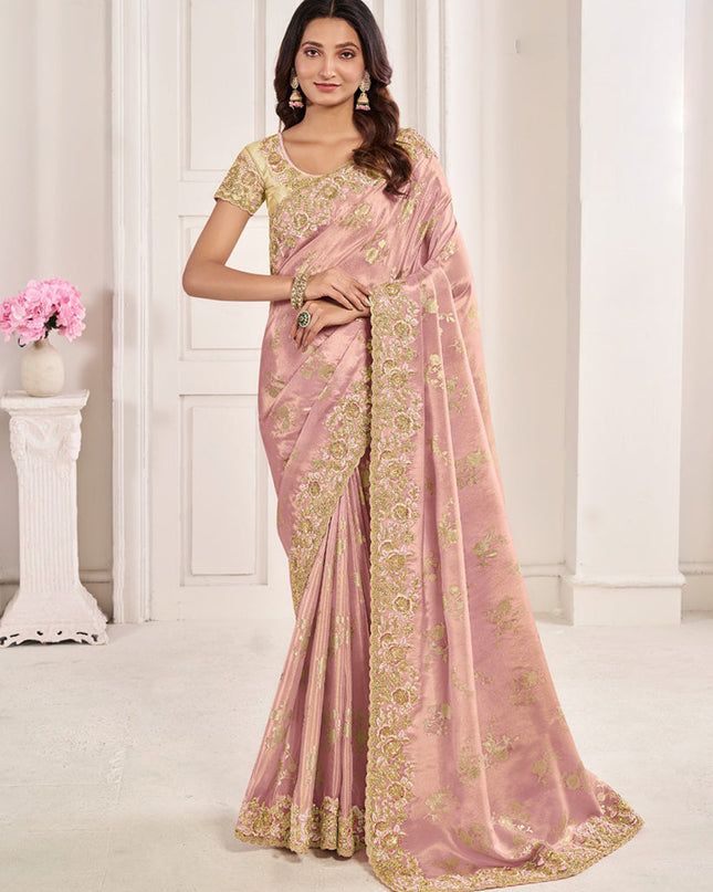Blush Pink Viscose Jacquard Embroidered Designer Saree