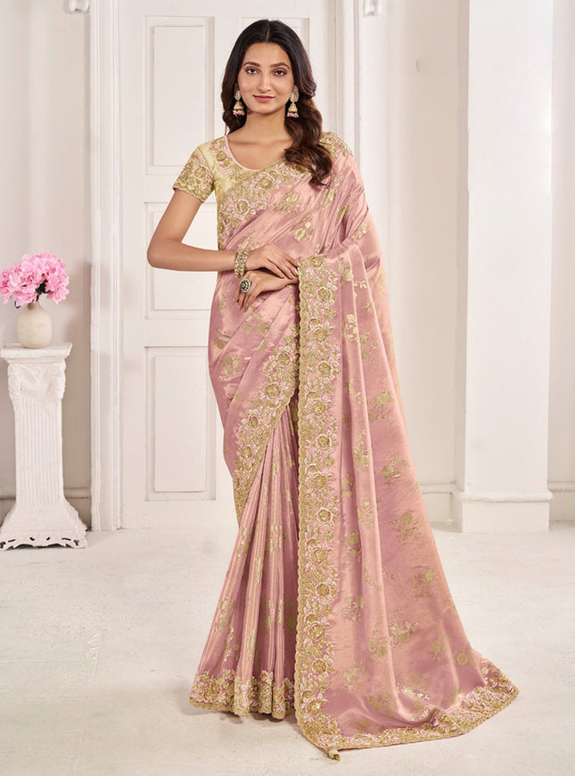 Blush Pink Viscose Jacquard Embroidered Designer Saree