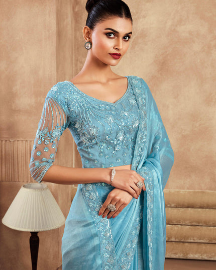 Sky Blue Chiffon Silk Saree with Embroidered Blouse