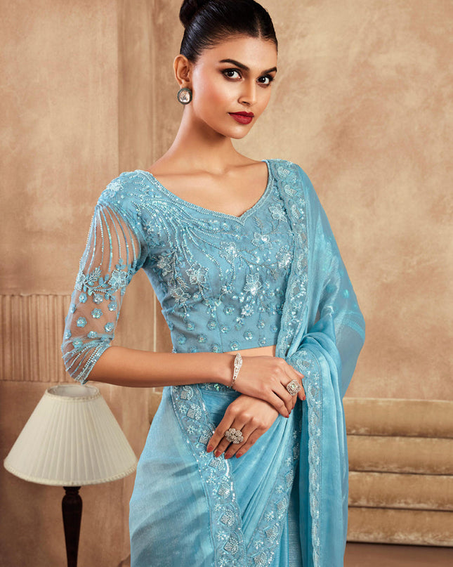 Sky Blue Chiffon Silk Saree with Embroidered Blouse