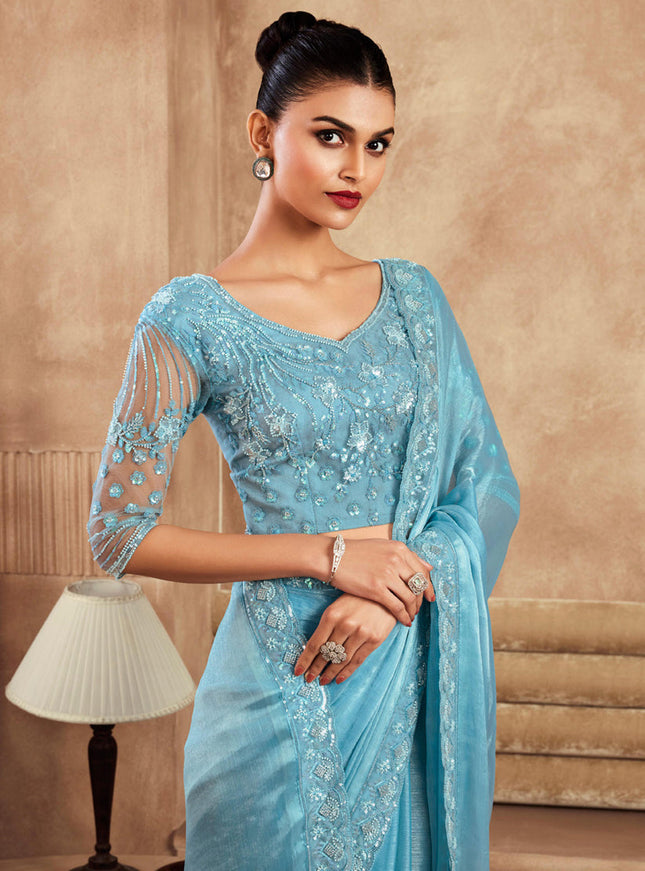 Sky Blue Chiffon Silk Saree with Embroidered Blouse
