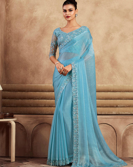 Sky Blue Chiffon Silk Saree with Embroidered Blouse