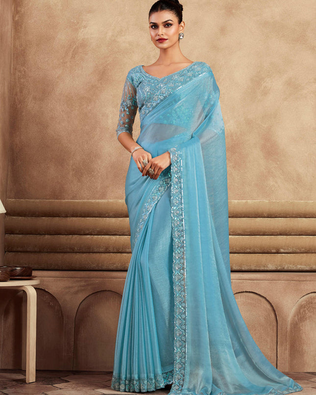 Sky Blue Chiffon Silk Saree with Embroidered Blouse