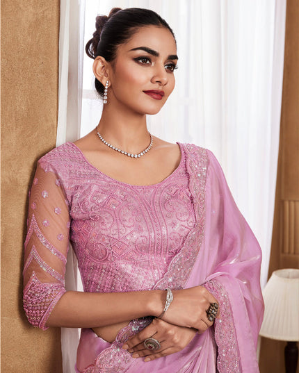 Rose Pink Silk Saree with Embroidered Blouse