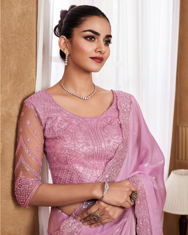 Rose Pink Silk Saree with Embroidered Blouse