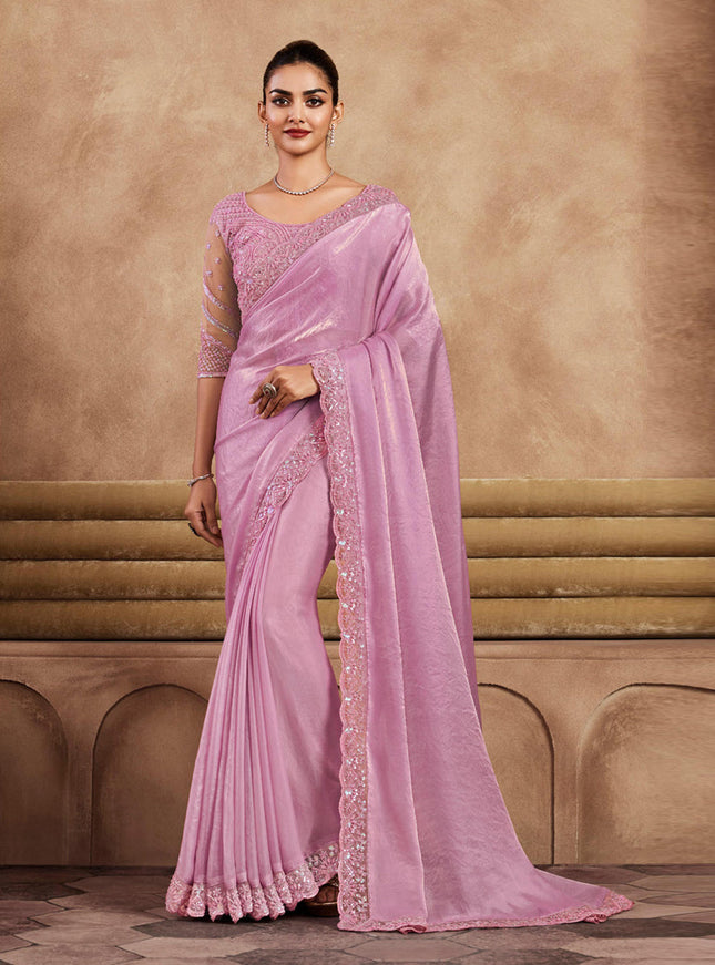 Rose Pink Silk Saree with Embroidered Blouse