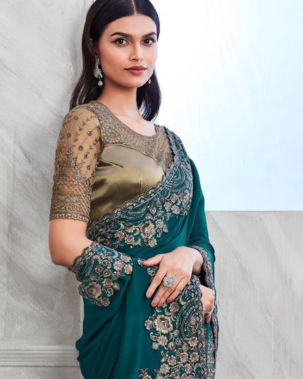 Teal Blue Silk Designer Saree with Embroidered Blouse